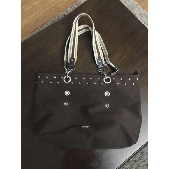 Esprit shoulder bag – chocolate brown with striped straps - Picture 1 of 3